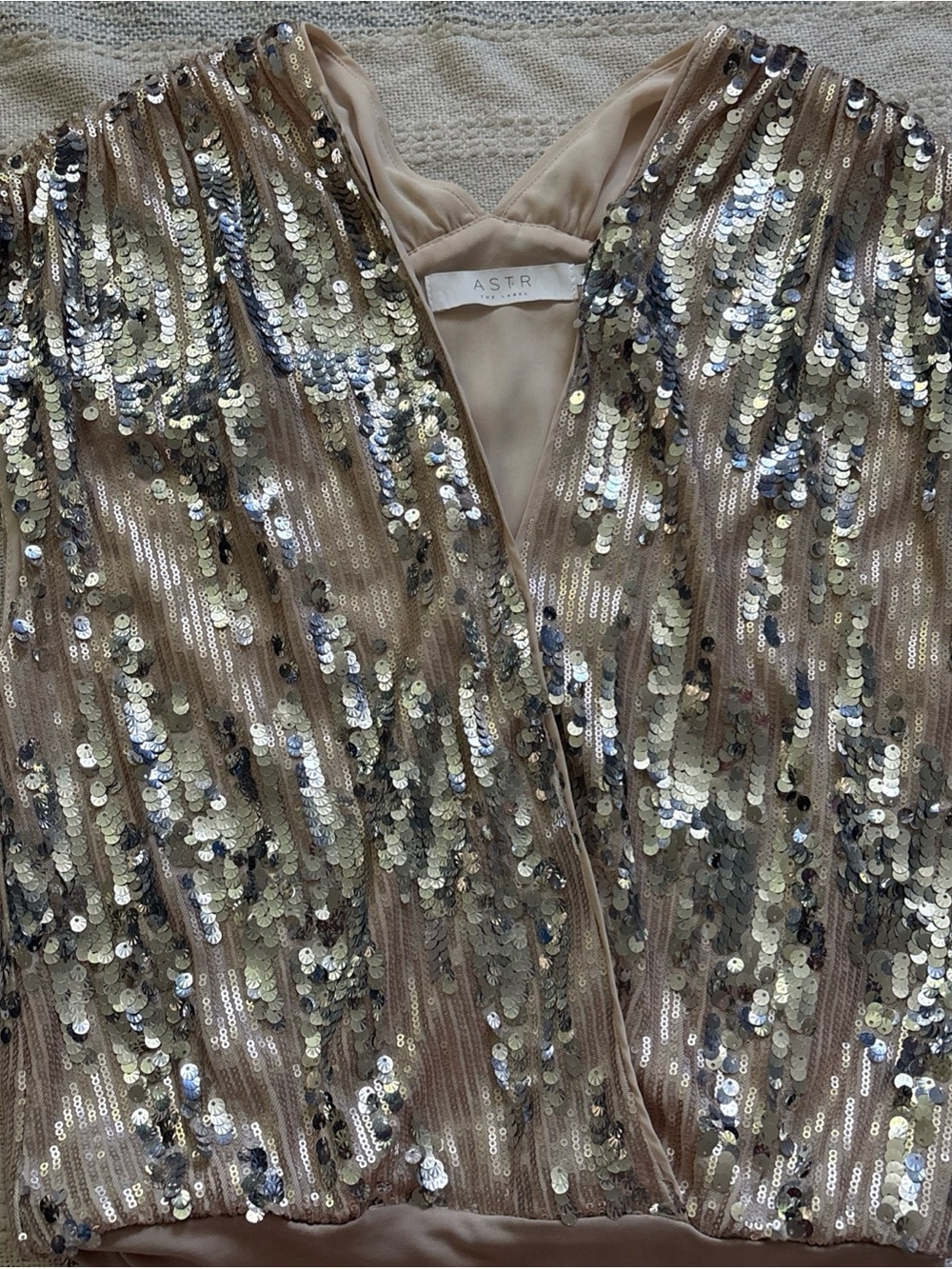 Astr Gold Sequin Nude-Base Plunging Bodysuit - Picture 3 of 10